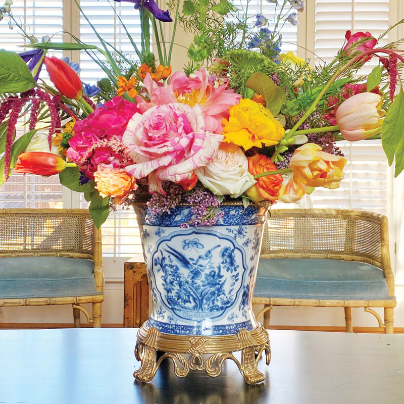 Blue & White Chinese Bird Pattern Cachepot Planter-Porcelain & Bronze