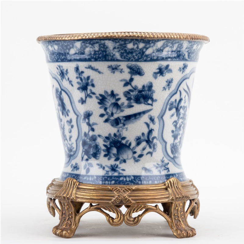 Blue & White Chinese Bird Pattern Cachepot Planter-Porcelain & Bronze