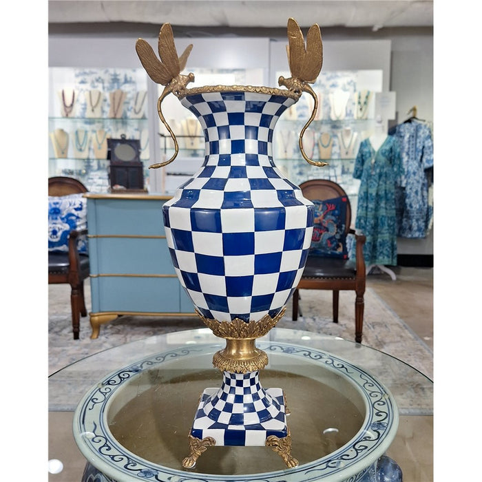 Blue & White Dragonfly Vase-Porcelain & Bronze