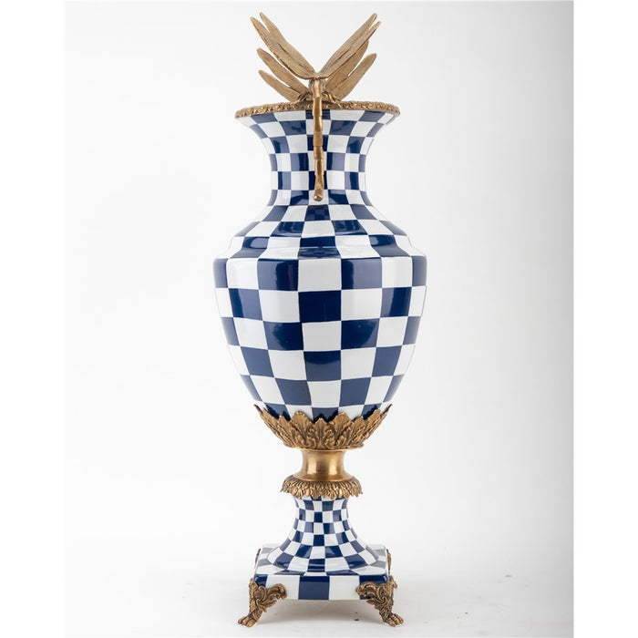 Blue & White Dragonfly Vase-Porcelain & Bronze