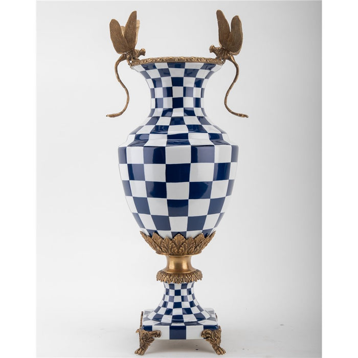 Blue & White Dragonfly Vase-Porcelain & Bronze