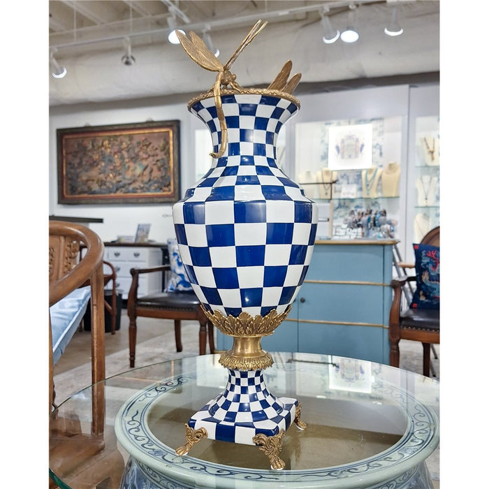 Blue & White Dragonfly Vase-Porcelain & Bronze