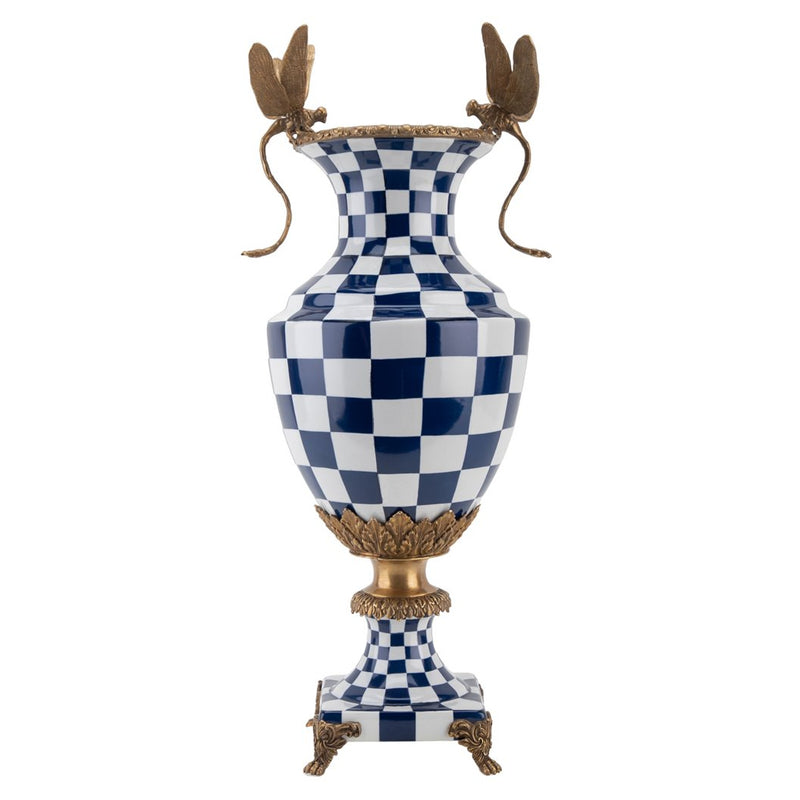 Blue & White Dragonfly Vase-Porcelain & Bronze