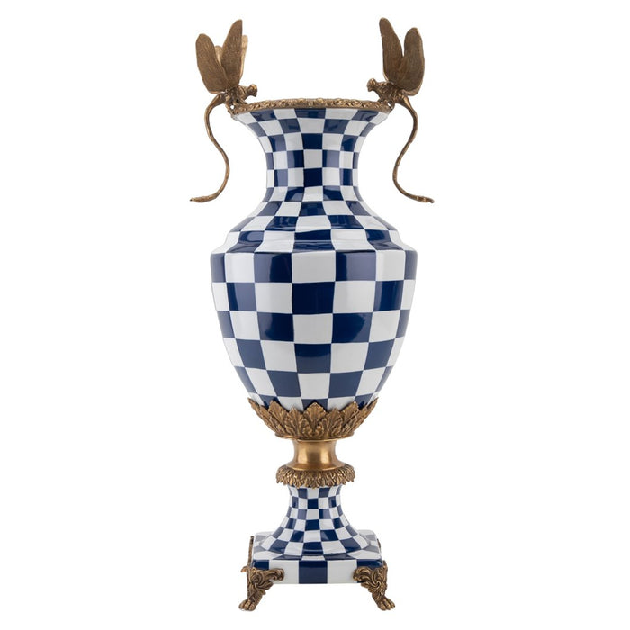 Blue & White Dragonfly Vase-Porcelain & Bronze