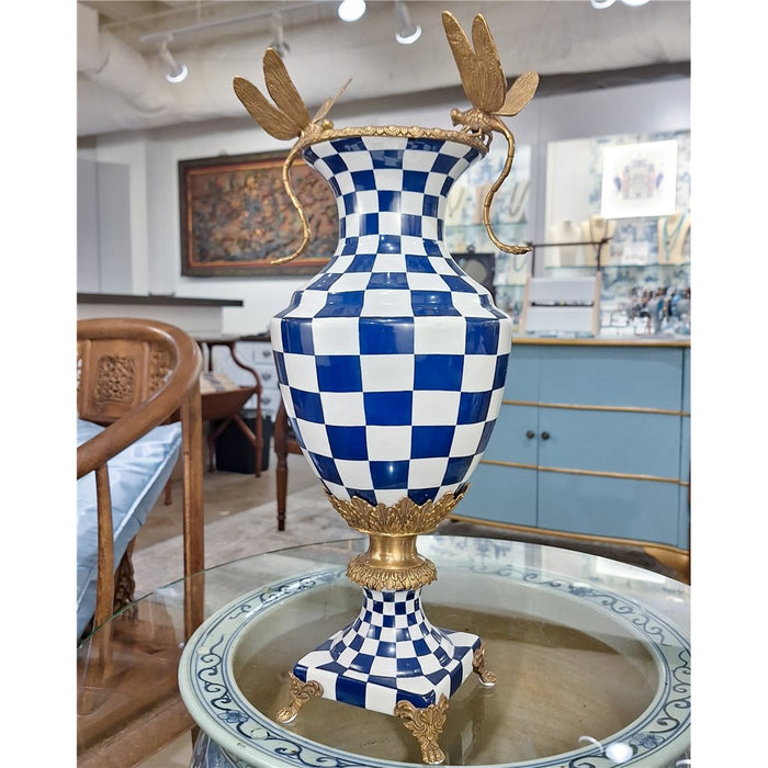 Blue & White Dragonfly Vase-Porcelain & Bronze