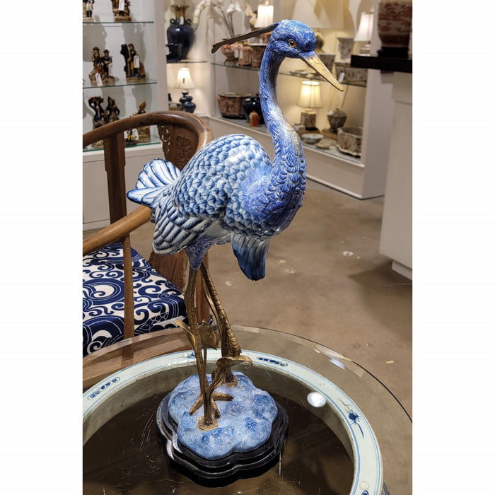 Blue & White Heron Sculpture-Porcelain & Bronze