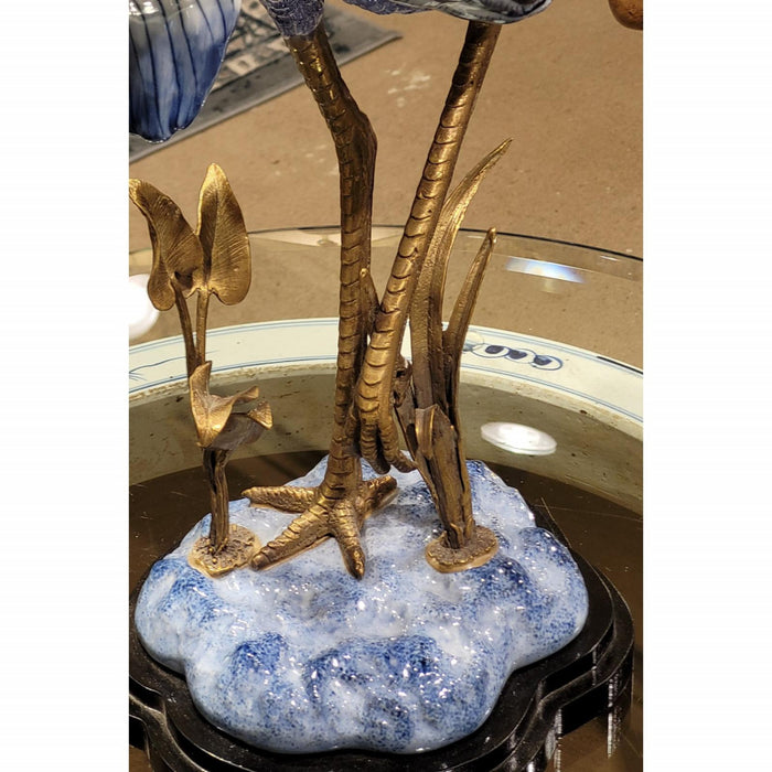 Blue & White Heron Sculpture-Porcelain & Bronze
