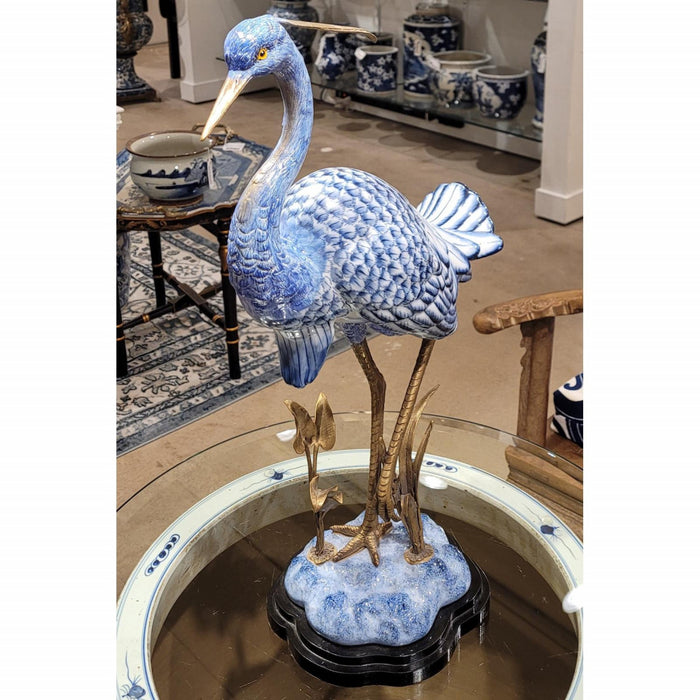 Blue & White Heron Sculpture-Porcelain & Bronze