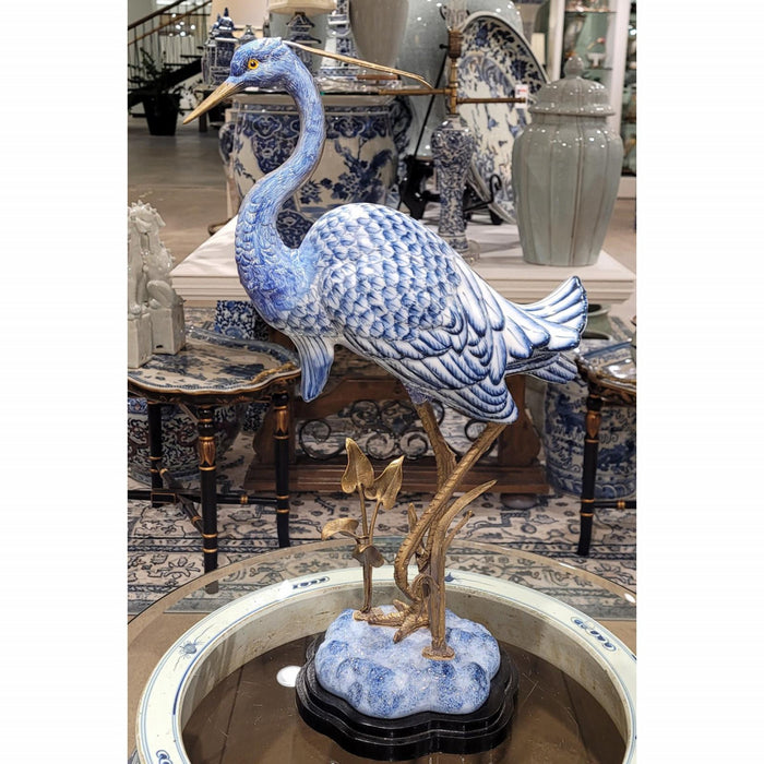 Blue & White Heron Sculpture-Porcelain & Bronze
