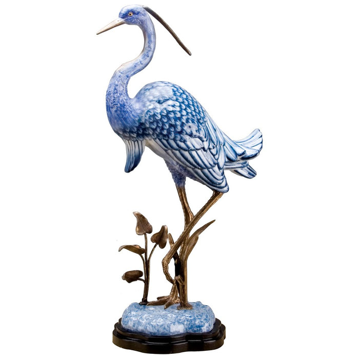 Blue & White Heron Sculpture-Porcelain & Bronze