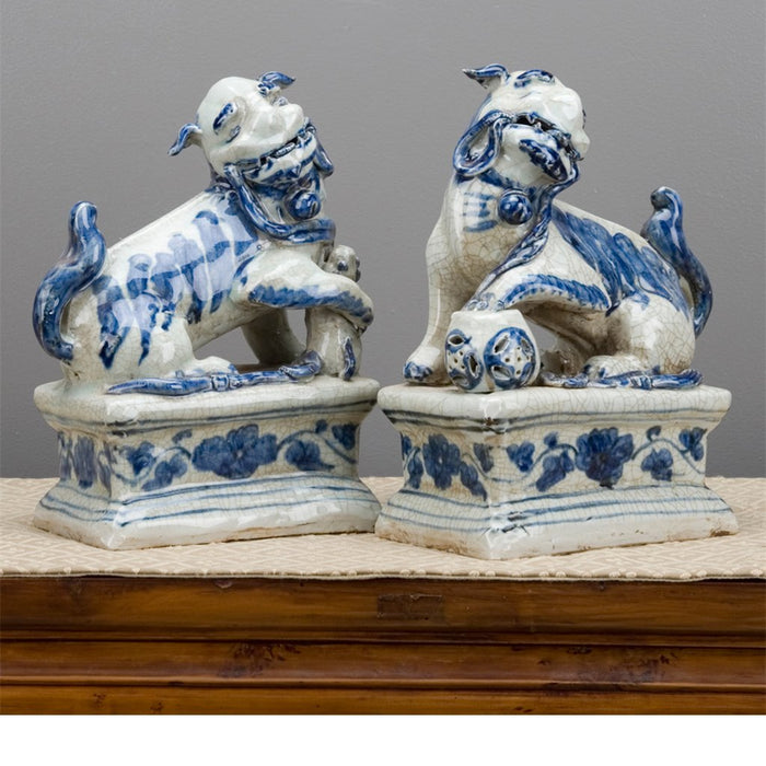 Blue & White Porcelain Foo Dogs Statue Set of 2