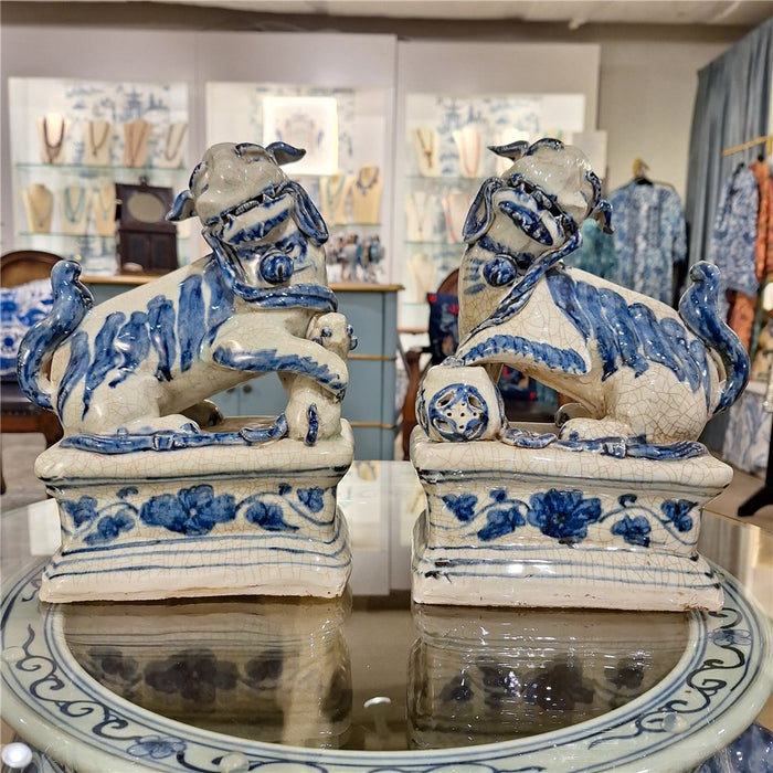 Blue & White Porcelain Foo Dogs Statue Set of 2