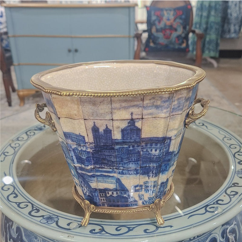 Blue & White Village Scene Cachepot Planter-Porcelain & Bronze