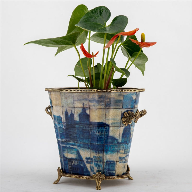Blue & White Village Scene Cachepot Planter-Porcelain & Bronze