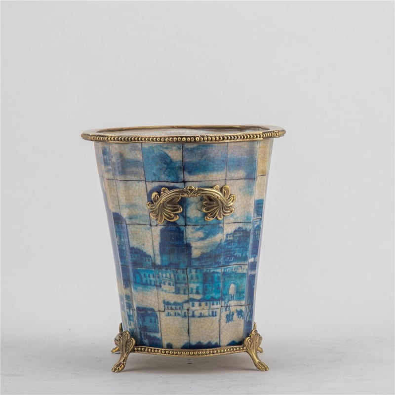 Blue & White Village Scene Cachepot Planter-Porcelain & Bronze