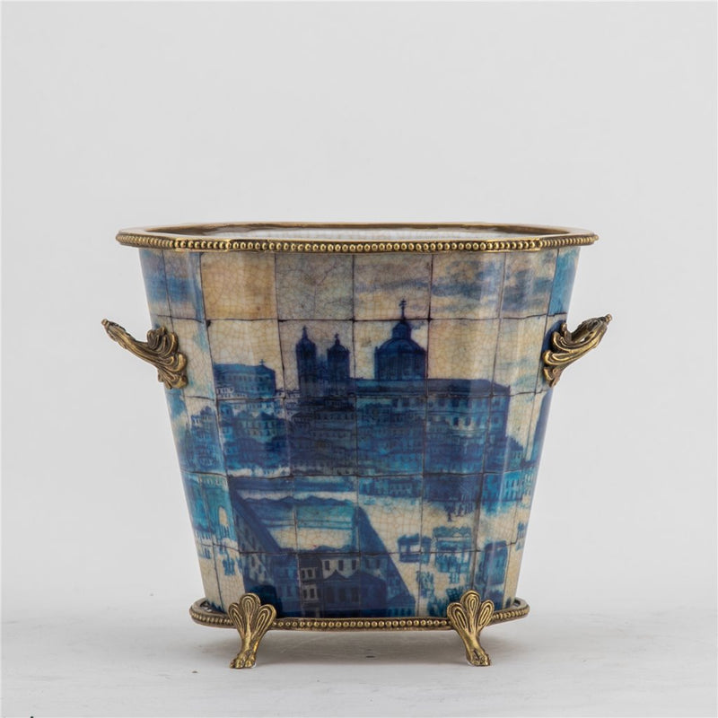 Blue & White Village Scene Cachepot Planter-Porcelain & Bronze
