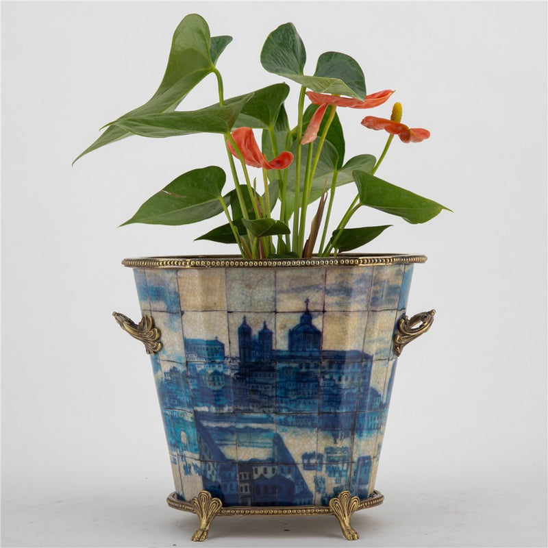 Blue & White Village Scene Cachepot Planter-Porcelain & Bronze