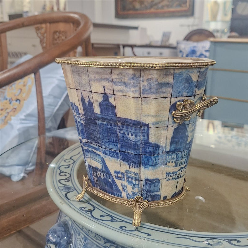 Blue & White Village Scene Cachepot Planter-Porcelain & Bronze