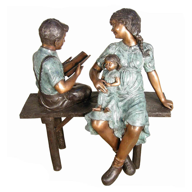Boy & Girl on Bench with Book Bronze Sculpture