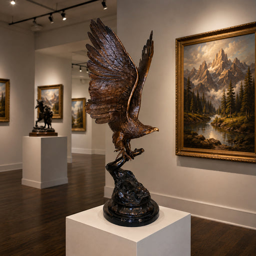A bronze sculpture of a majestic eagle with wings spread, perched on a dark rocky base, displayed on a white pedestal in a gallery setting with framed landscape paintings in the background.
