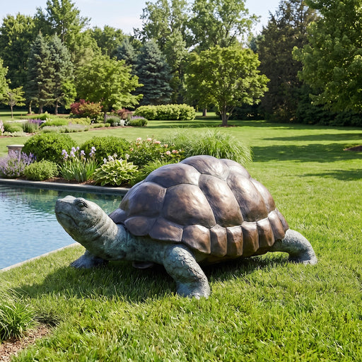 Tortoise sculpture on grass near a pool with trees in the background