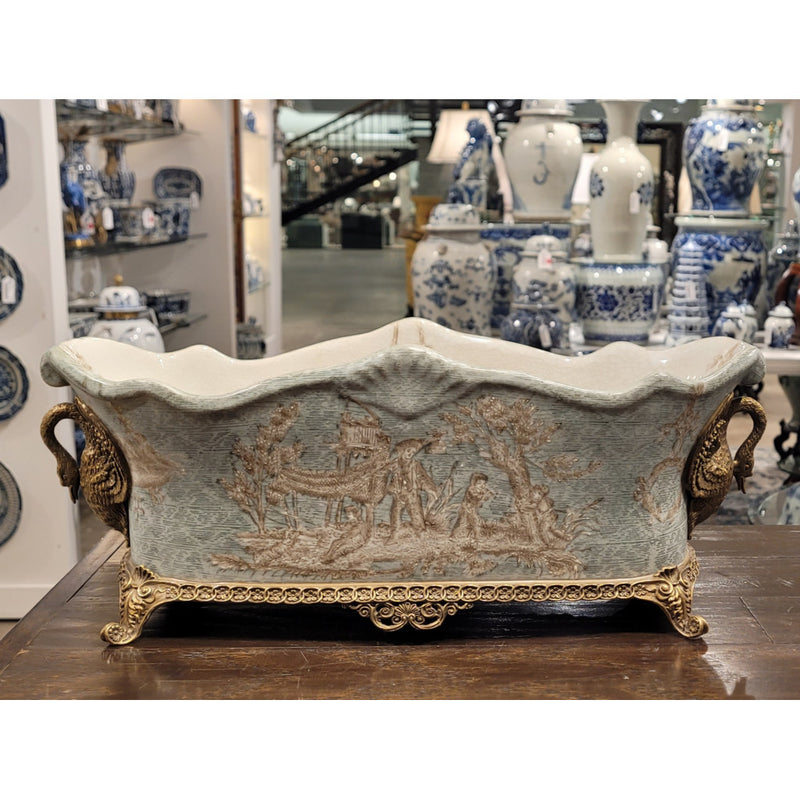 Celadon Toile Cachepot Planter-Porcelain & Bronze