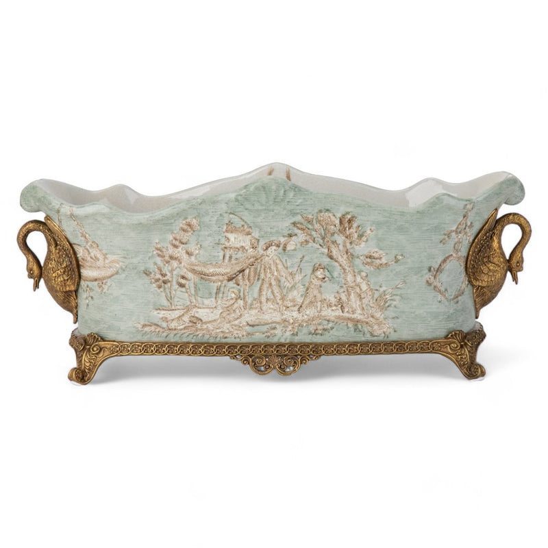 Celadon Toile Cachepot Planter-Porcelain & Bronze