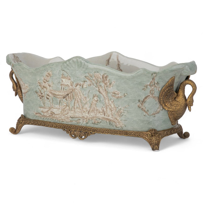Celadon Toile Cachepot Planter-Porcelain & Bronze