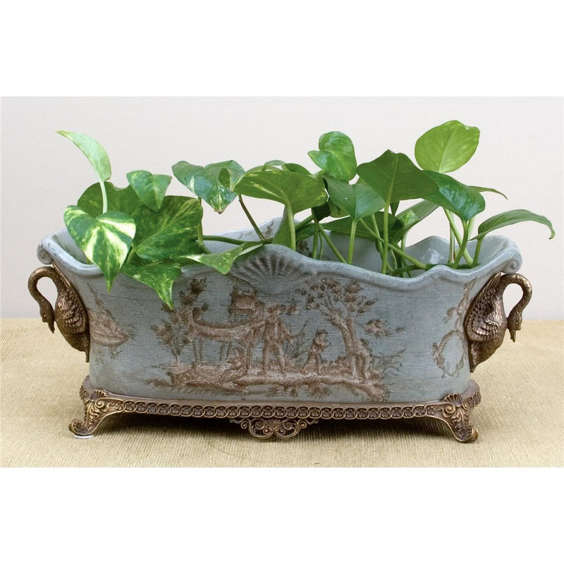 Celadon Toile Cachepot Planter-Porcelain & Bronze