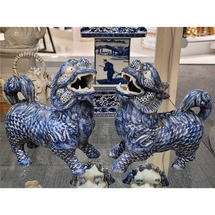 Chinese Blue & White Porcelain Foo Dogs Statue Set of 2