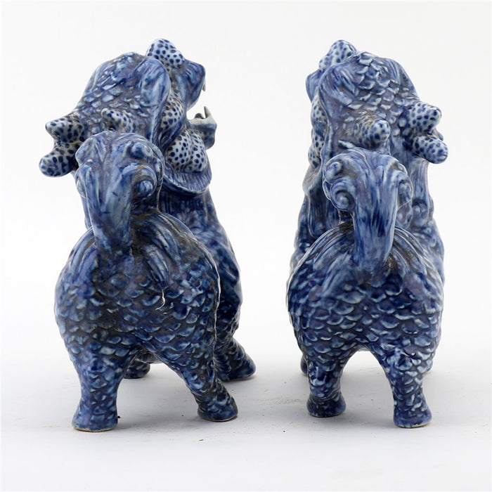 Chinese Blue & White Porcelain Foo Dogs Statue Set of 2