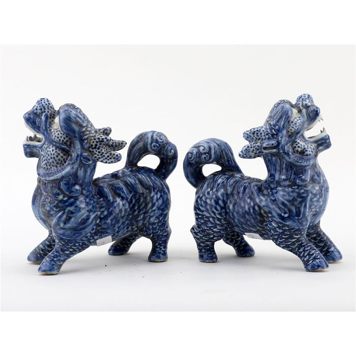Chinese Blue & White Porcelain Foo Dogs Statue Set of 2
