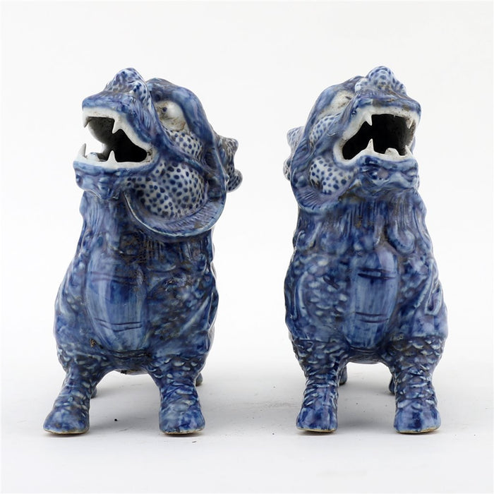 Chinese Blue & White Porcelain Foo Dogs Statue Set of 2