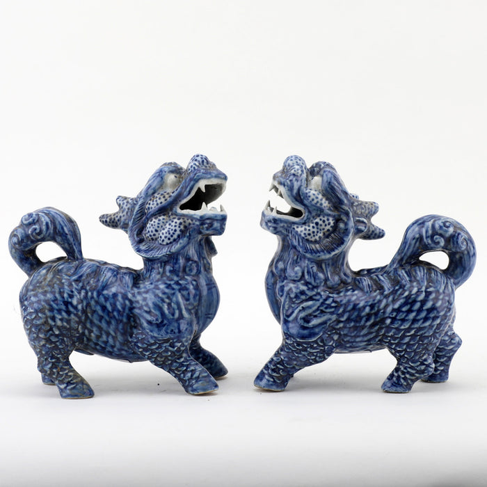 Chinese Blue & White Porcelain Foo Dogs Statue Set of 2