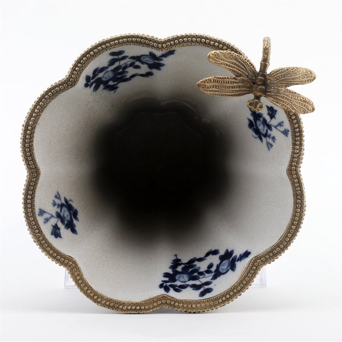 Chinoiserie Dragonfly & Floral Vase-Porcelain & Bronze