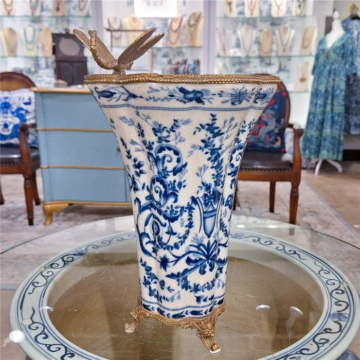 Chinoiserie Dragonfly & Floral Vase-Porcelain & Bronze