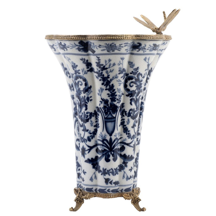 Chinoiserie Dragonfly & Floral Vase-Porcelain & Bronze