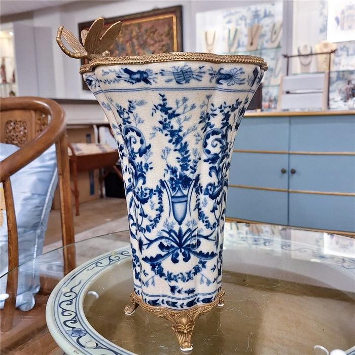 Chinoiserie Dragonfly & Floral Vase-Porcelain & Bronze