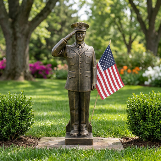 statue of a Costguardsman figure saluting with an American flag, set against a green garden backdrop.