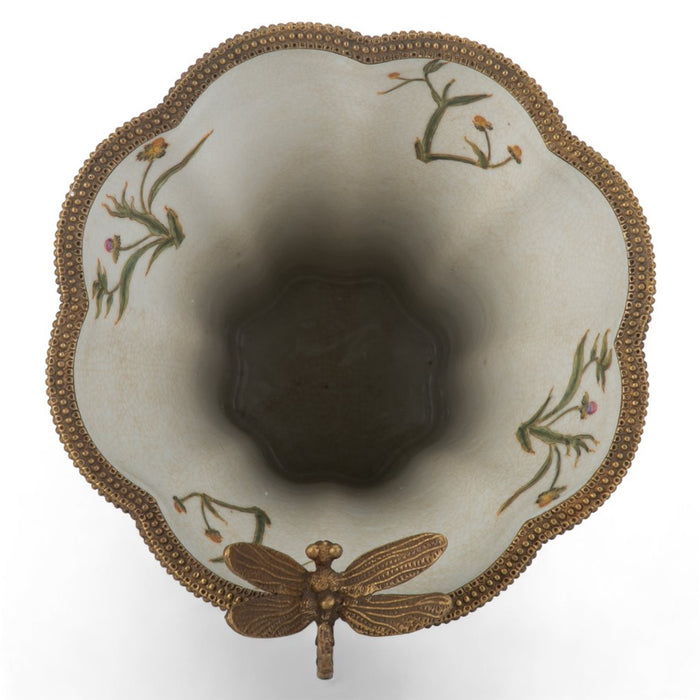 Dragonfly & Floral Vase-Porcelain & Bronze
