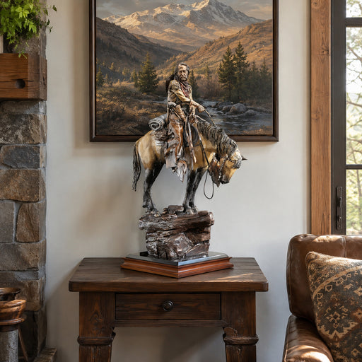 lodge interior with sculpture of a mountain man on pedestal. Mountain painting on wall.