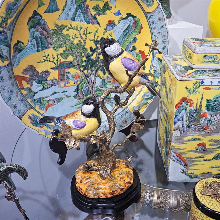 Finches in Tree Bird Sculpture-Porcelain & Bronze