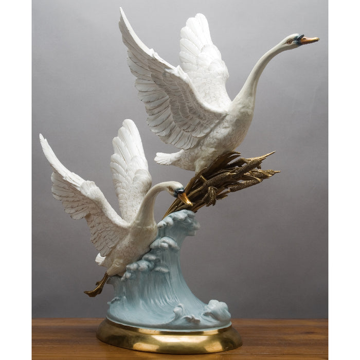 Double Flying Swan Sculpture-Porcelain & Bronze