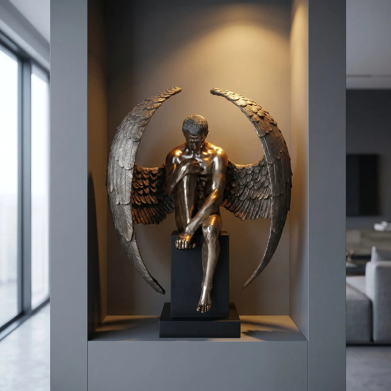 Large fallen angel statue in niche. modern interior