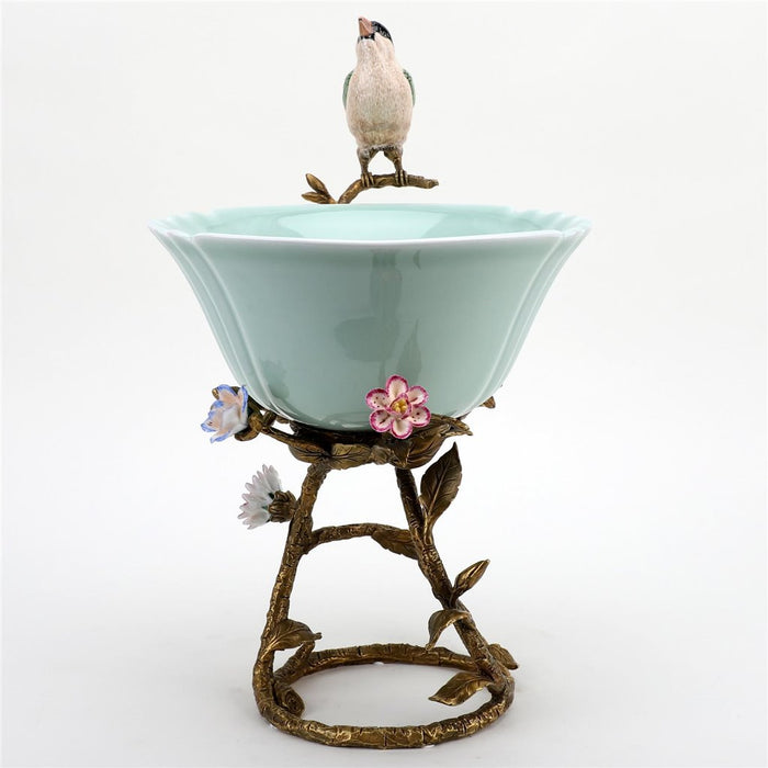 Finch & Flowers Bowl-Porcelain & Bronze