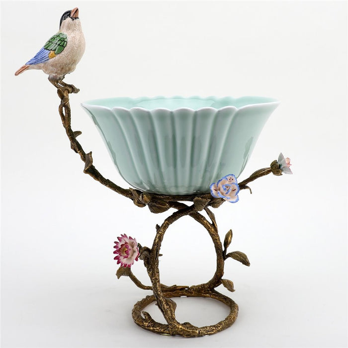 Finch & Flowers Bowl-Porcelain & Bronze
