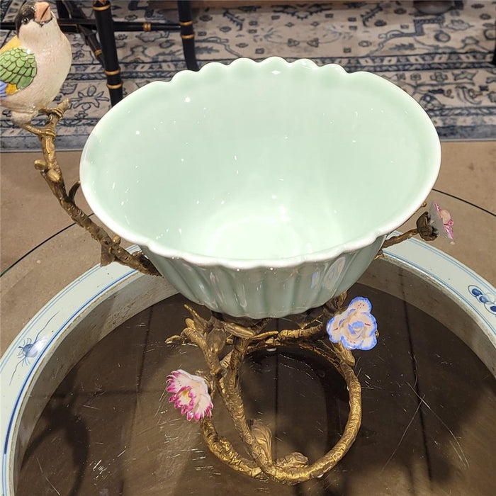 Finch & Flowers Bowl-Porcelain & Bronze