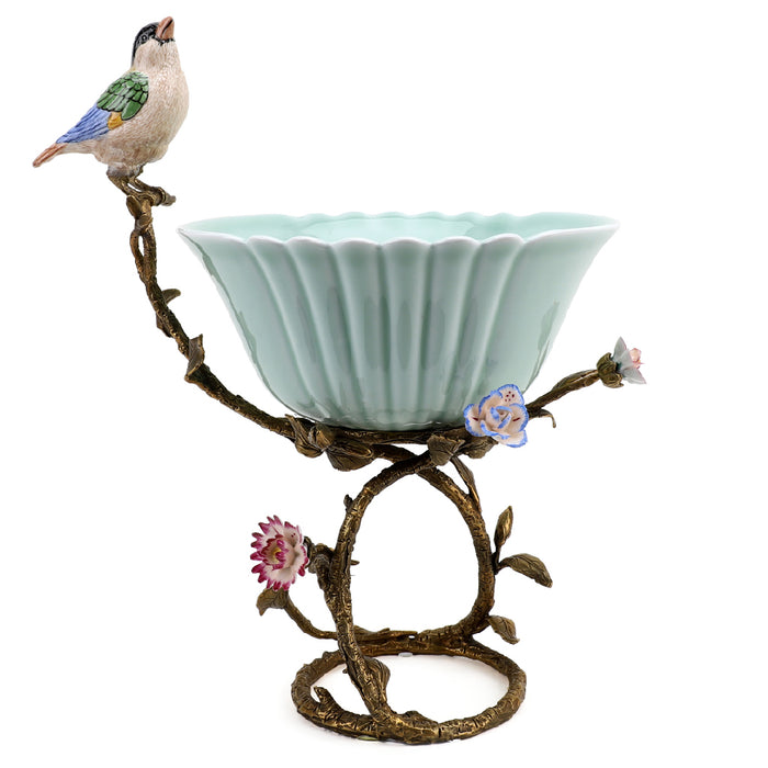 Finch & Flowers Bowl-Porcelain & Bronze
