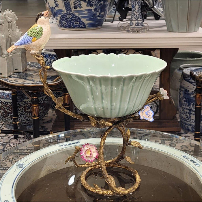 Finch & Flowers Bowl-Porcelain & Bronze