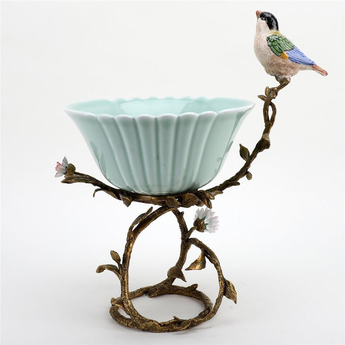 Finch & Flowers Bowl-Porcelain & Bronze